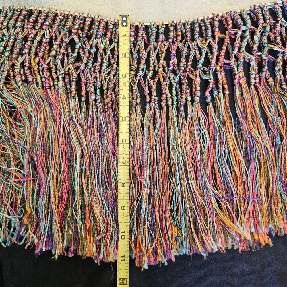 Cream Sheer Scarf with Rainbow Macrame Hand Knotted Tassel Fringe Boho 96 Inch